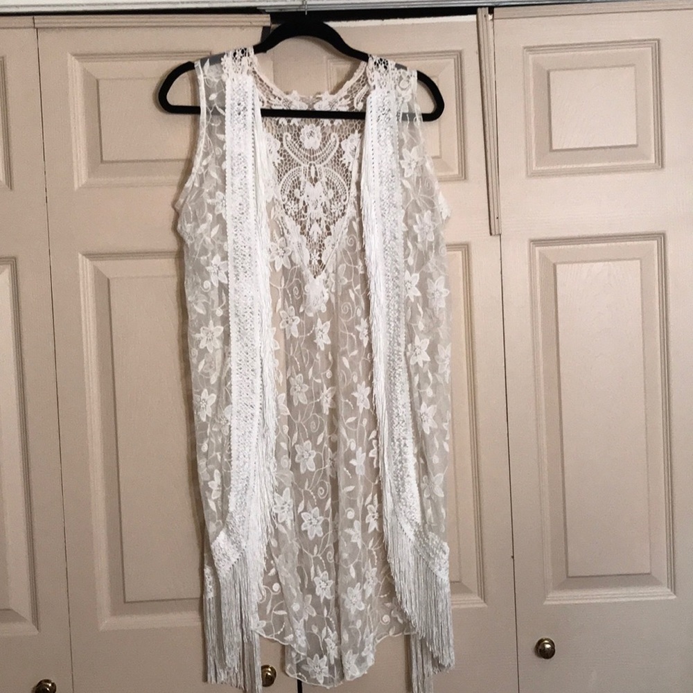 Lace n Fringed handmade imported white cover up